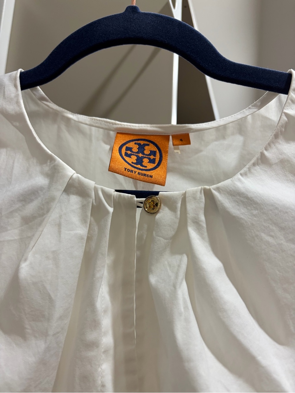 Tory Burch White Sleeveless Pleated Front Top with Gold Button - Picture 2 of 4